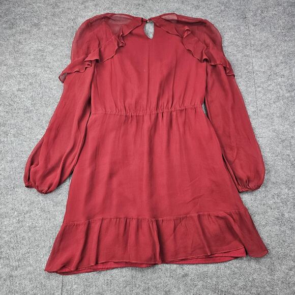 Greylin Dress Womens Medium Red Silk Wrap Ruffle Holiday Romantic Feminine Sheer - Picture 7 of 7